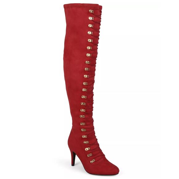 Journee Collection Wmn Trill Over the Knee Combat Boots Size US 7M Wide Calf Red - Picture 1 of 4